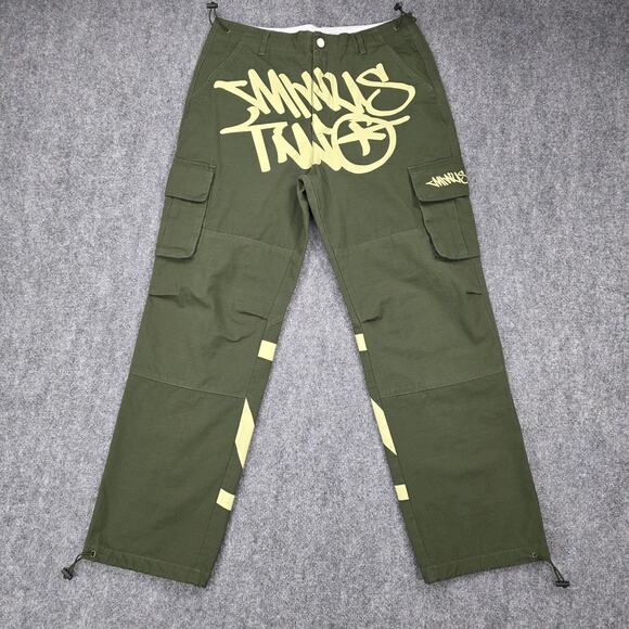 Minus Two Pants Mens Medium Green Cargo Graffiti Streetwear Utility Skate Y2K - Picture 1 of 16